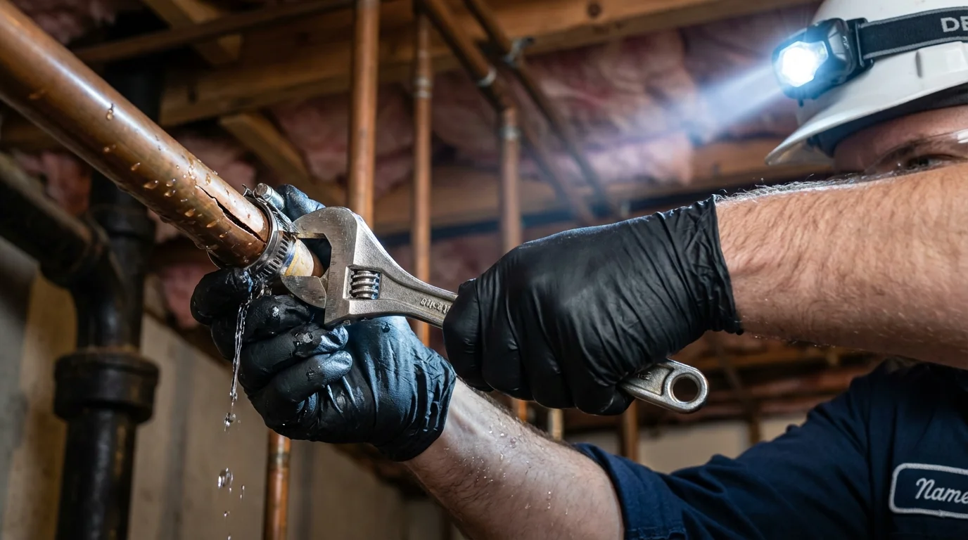 Emergency pipe clamp repair being performed by a Johns Plumbing LLC plumber in Marlborough
