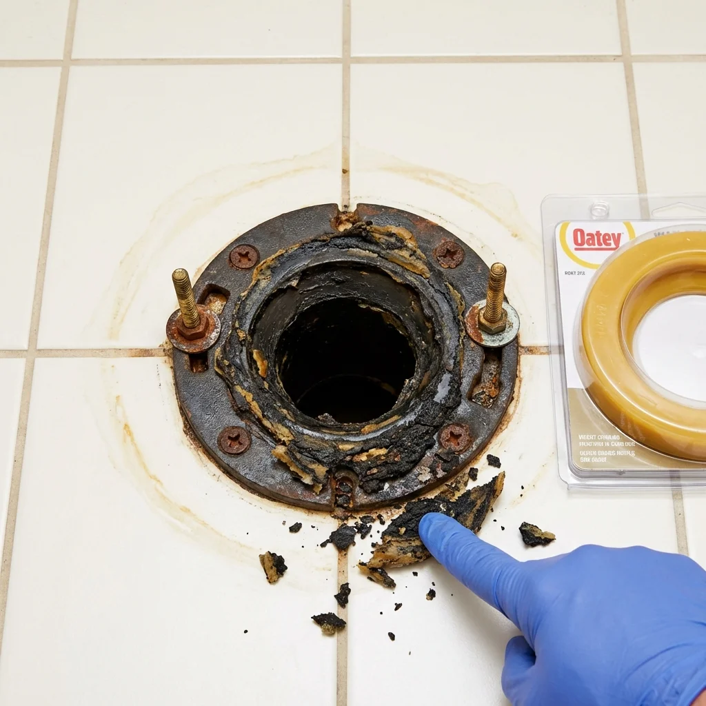Failed wax ring showing water seepage at the base of a toilet in a Marlborough, MA home
