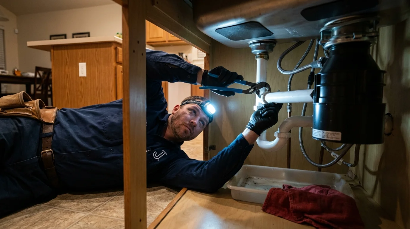 P-trap and supply line connections under a kitchen sink showing a common leak point in Marlborough, MA
